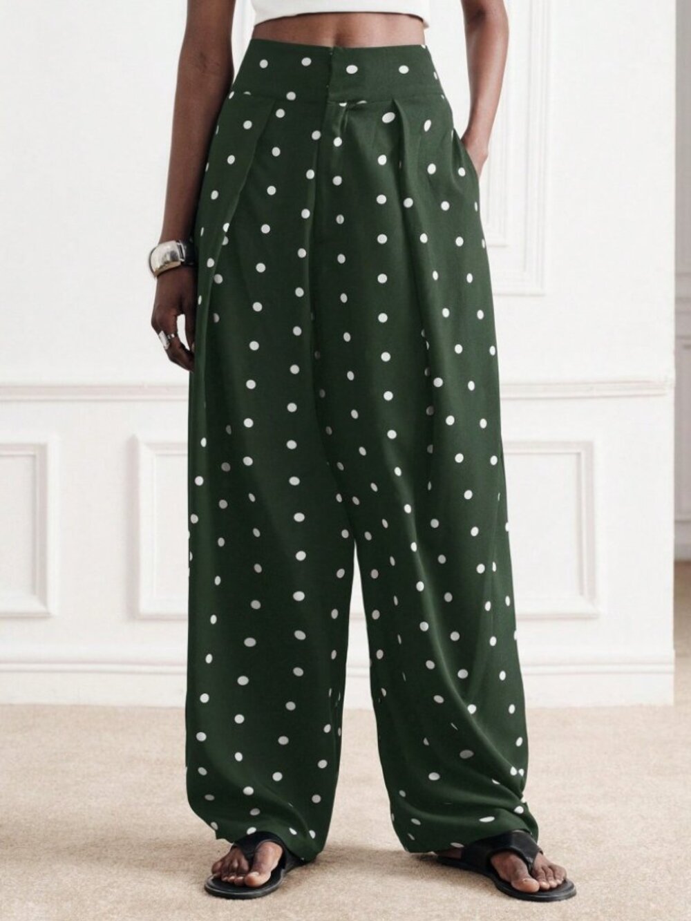 Olive Green Polka Dot Wide Leg Trousers with Pleated Waist